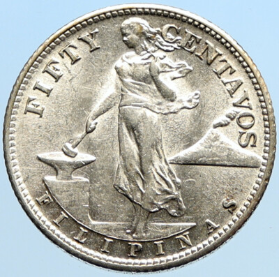 1944 S PHILIPPINES Under US Administration Eagle Silver 50 Centavos Coin i96921