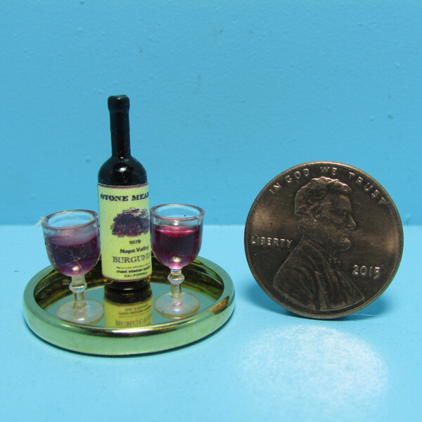 Dollhouse Miniature Red Burgundy Wine Bottle and 2 Filled Glasses on Tray |  eBay