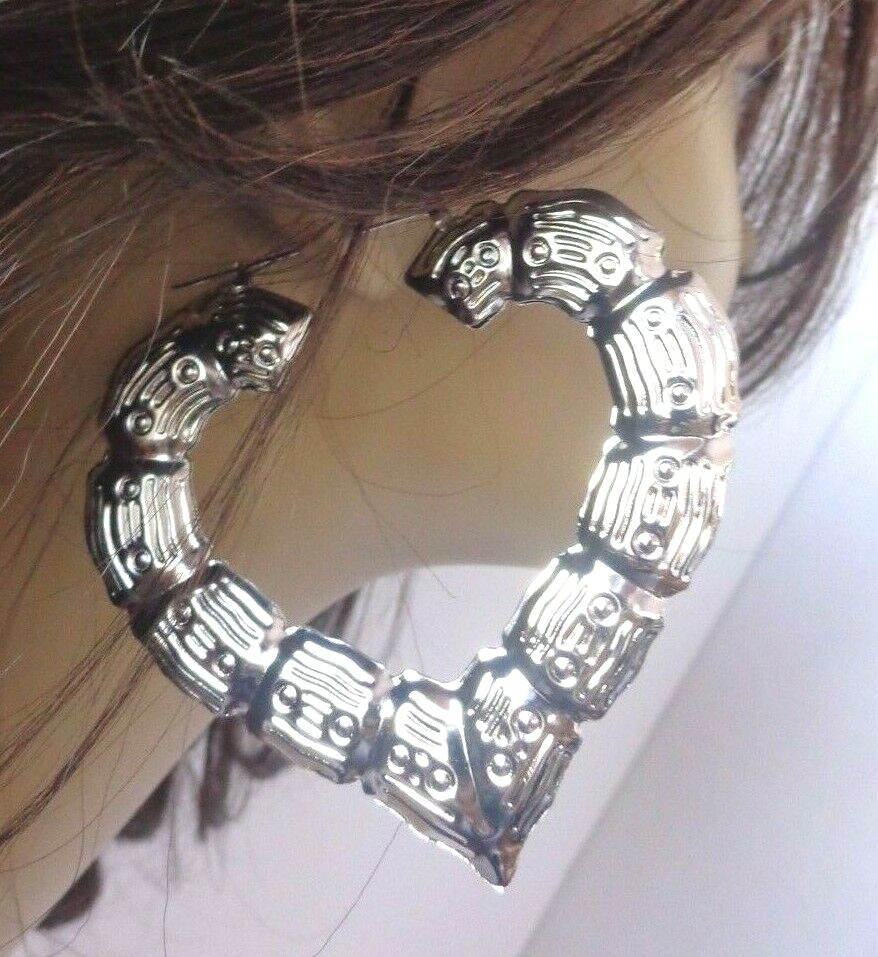 BAMBOO HEART EARRINGS GOLD OR SILVER TONE BAMBOO HEART 2.5 INCH HOOP
