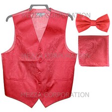 Men's paisley Tuxedo VEST Waistcoat  BOWTIE and HANKIE set coral wedding party