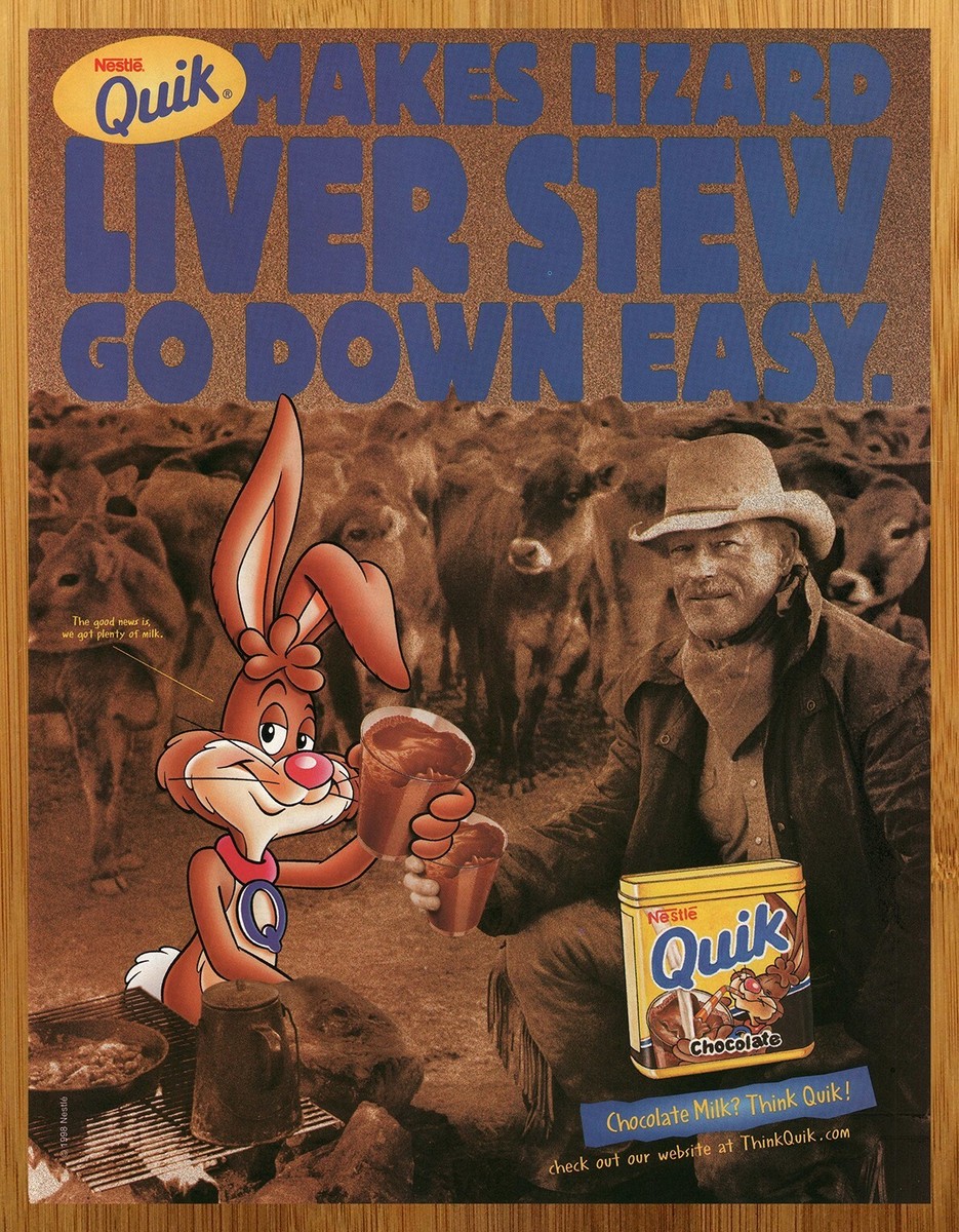 1999 Nestle Quik Chocolate Milk Drink Mix Print Ad/Poster Cowboy