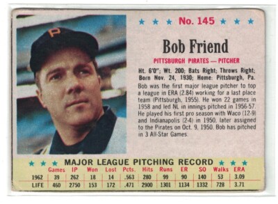 1963 Post Cereal #145, Bob Friend, Pittsburgh Pirates, No Creases