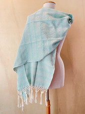 Mexicano Rebozo Algodon Labrado Aqua Verde Natural Blanco Verde Agua Doula
