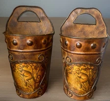 (2) Metal Wall Pockets/ Planters, Vase- Rustic Hand Crafted 17" Tall