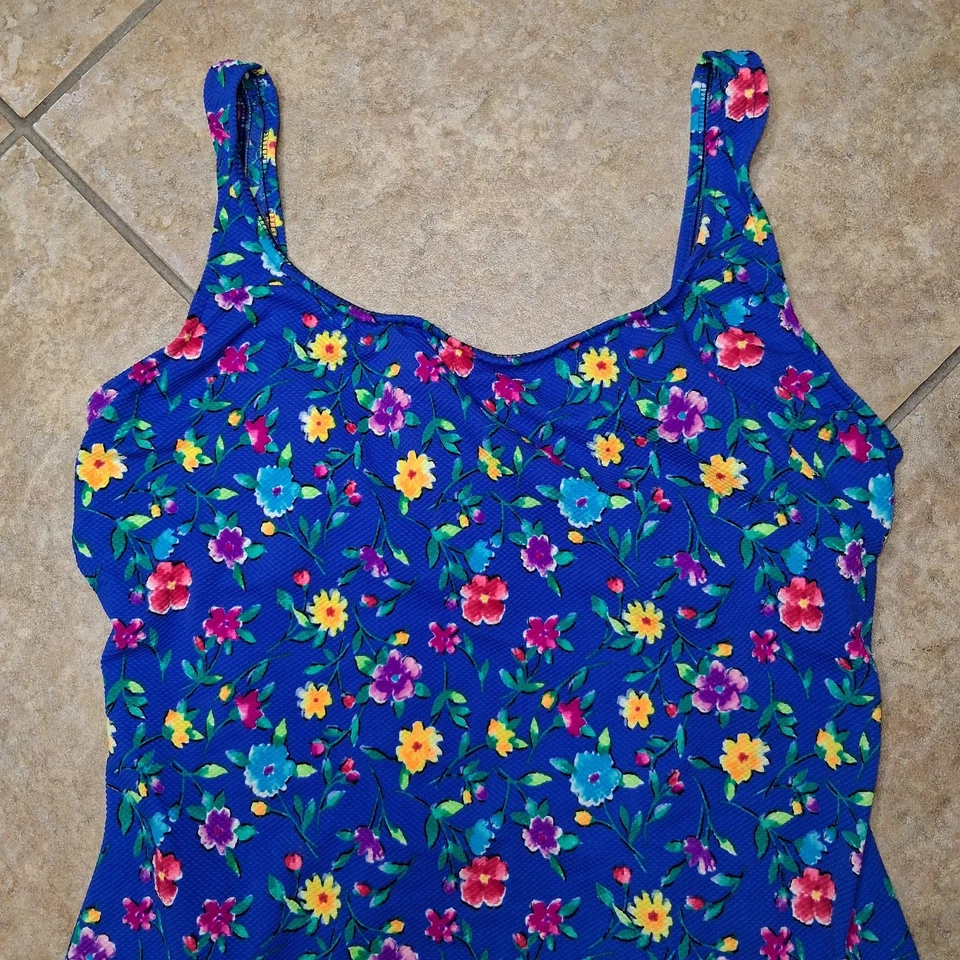 Traje de baño vintage Gabar traje de baño de una pieza talla 14 azul estampado de flores por todas partes Foto 2 de 4