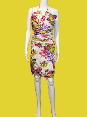 Vintage 60s 1960s  Silk Satin Painterly Floral Corset Boned Wiggle Dress XS