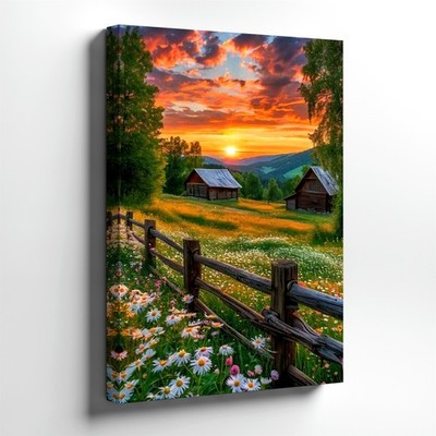 Wall Art Rustic Farmhouse Sunset Landscape Cottage Horse Country Fence Print