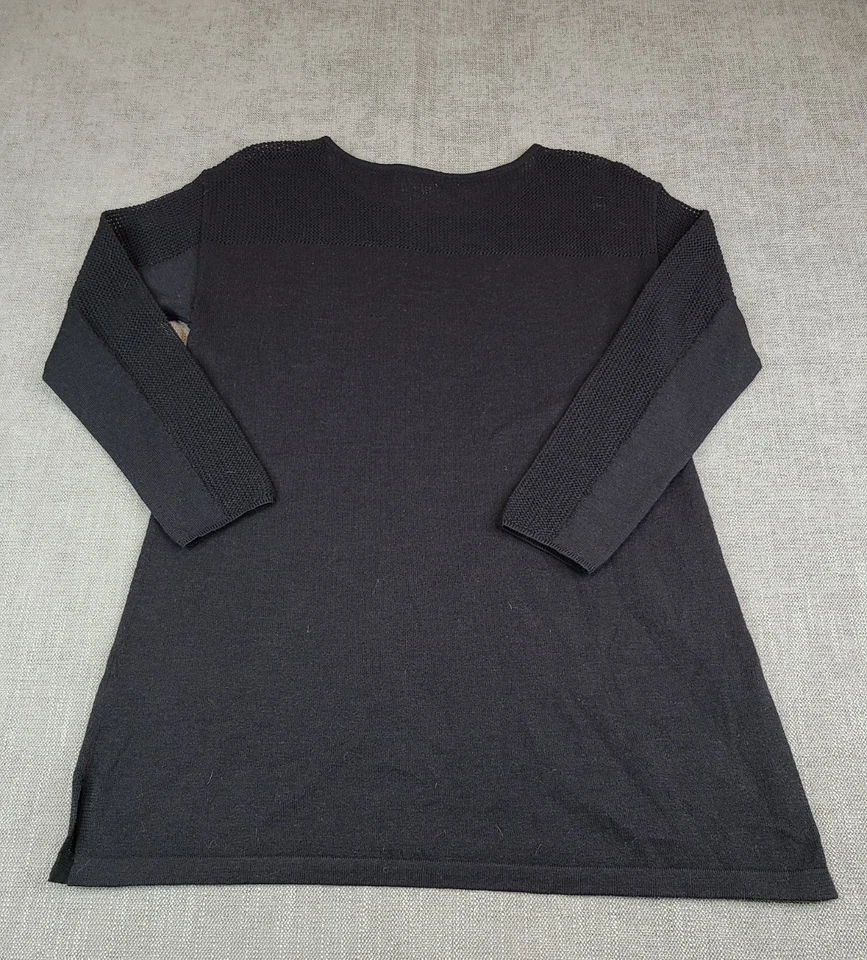 Eileen Fisher Top 女式 M 黑色羊毛长袖半开襟针织套衫衬衫 — 第 3/4 张图片