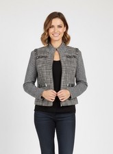 ST. JOHN SOCA Jacket Tweed Wool Blend Knit Studs Design Zip 4 Pockets Sz S Gray