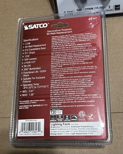 Satco S21827 LED Torpedo Filament 120V 5.5w=60W B11 Candelabra E12 ( 2-2 Packs ) - Picture 4 of 4