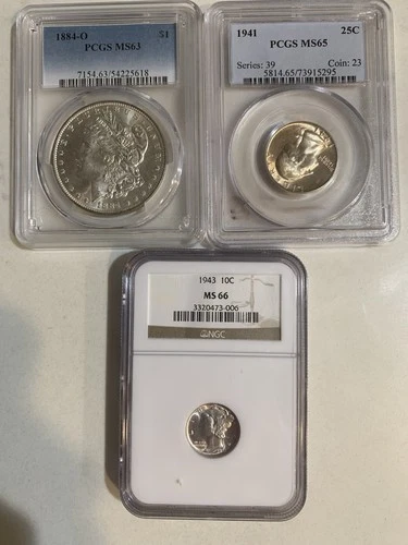 New Listing3 Slab Lot NGC & PCGS Silver 1884 0 Morgan Dollar, Quarter & Mercury Dime Coins