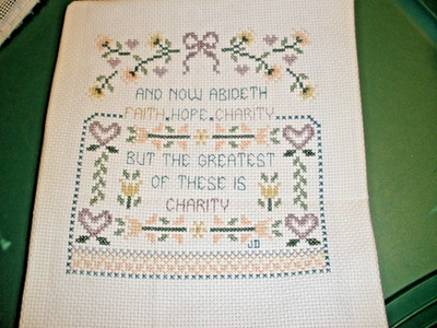 Finished Cross Stitch Piece And Now Abideth Faith, Hope, Charity....7''x8''