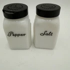 Vtg White Milk Glass Salt & Pepper Shaker Set Black Lids 4" Tall Farmhouse