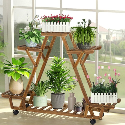Indoor Outdoor Plant Stand Flower Pot Holder Rack Wood Shelf Wheels Heavy Duty - Picture 2 of 12