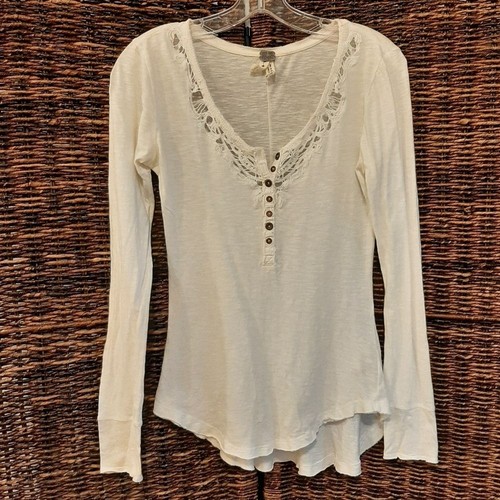 Free People We The Free Lou Legacy Lace Henley Long Sleeve Tee Shirt Small White
