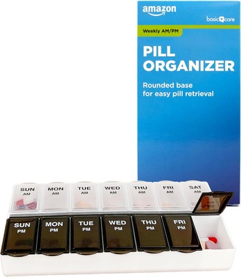 Amazon Basic Care (7-Day) AM/PM Pill Organizer, 1 Count (Pack of 1), Black 