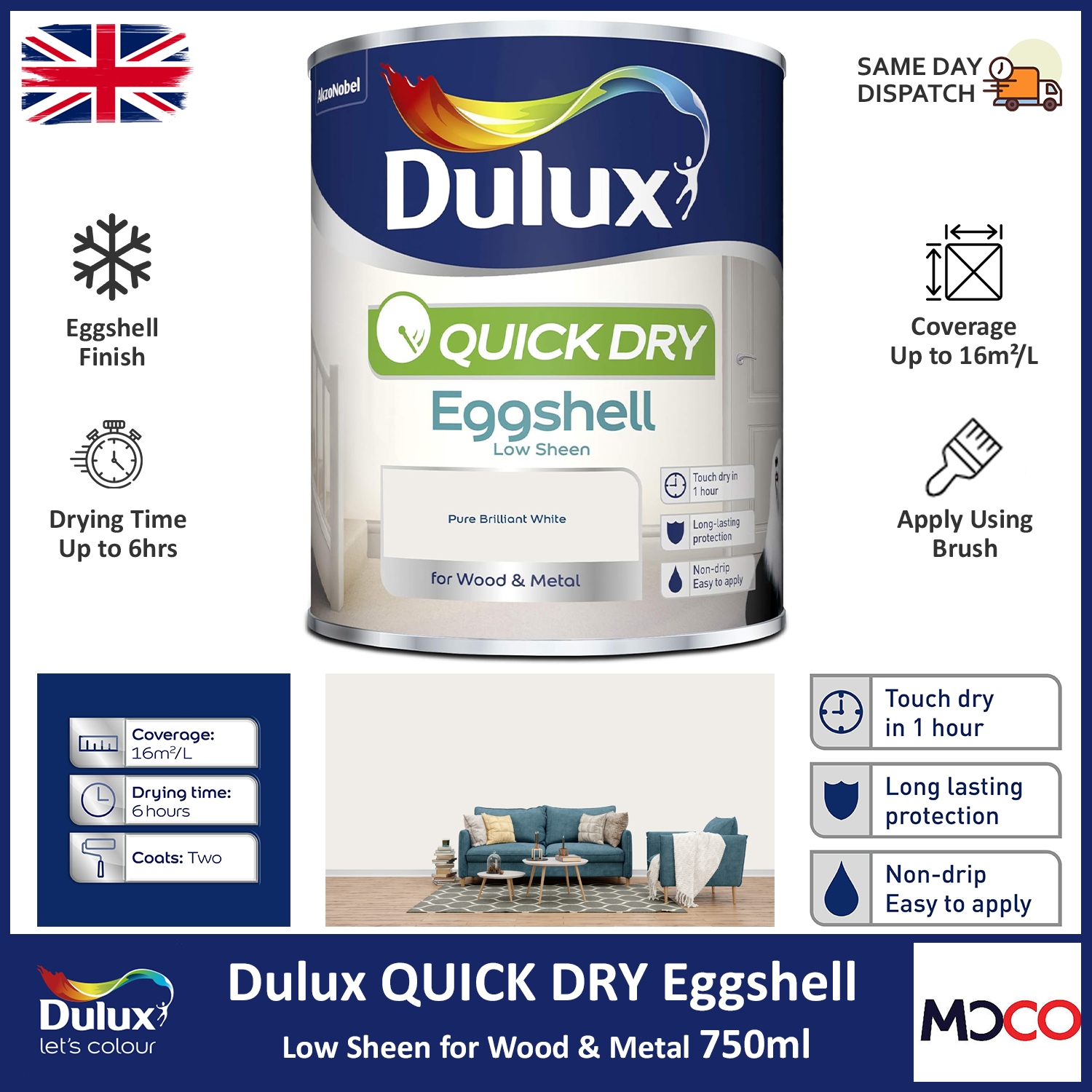 Dulux Quick Dry Eggshell Paint Non Drip Interior Metal Wood Pure Brilliant White eBay