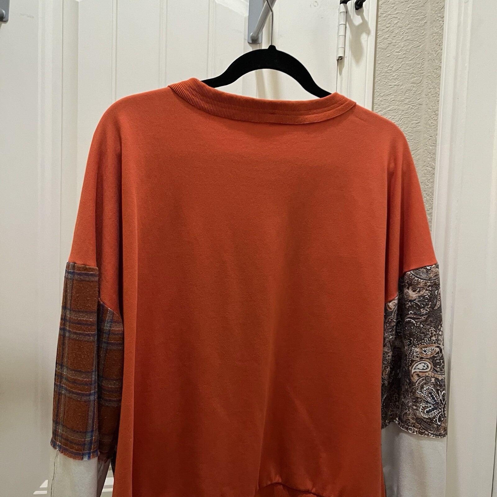 Womens Patchwork Mixed Print Orange Fall Pullover… - image 8