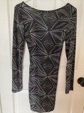 Eue Windsor Black Silver Sparkly Party Dress Size L Cross-Cross Back Long Sleeve