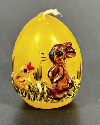 Germany Wax Easter Egg Candle Raised Bunny Chick 1960's Hand Painted Yellow 2.5''
