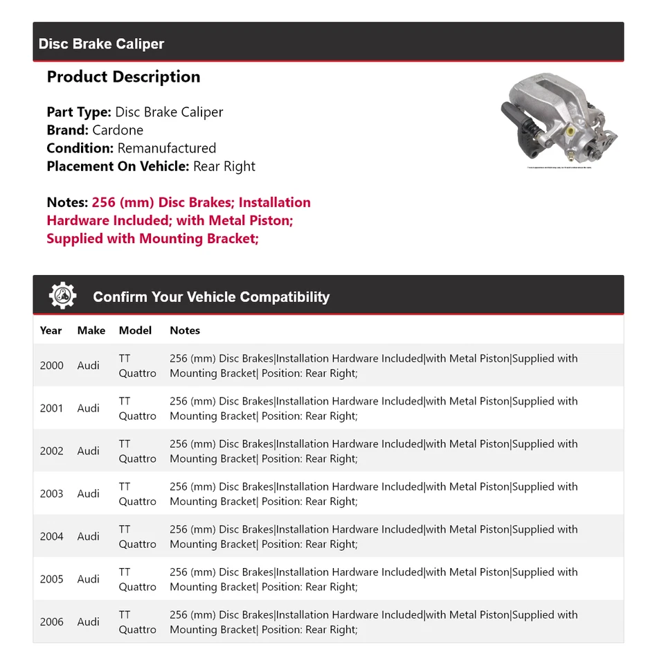 Pinza de freno de disco trasera derecha cardone 2001 2002 para Audi TT Quattro 2000-2006 Foto 2 de 4
