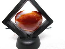 Agate orange grey brown 2"  heart shaped in display frame