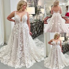 Plus Size Wedding Dresses Lace Appliques V Neck Backless Tulle Bridal Gowns New