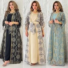 Muslim Eid Women Embroidery Kaftan Open Long Dress 2 Piece Set Abaya Kimono Robe