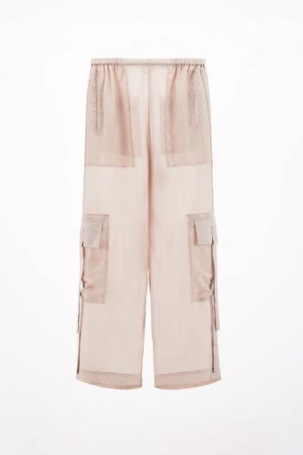 ZARA TROUSERS L SILK CARGO BEIGE SILK NWT