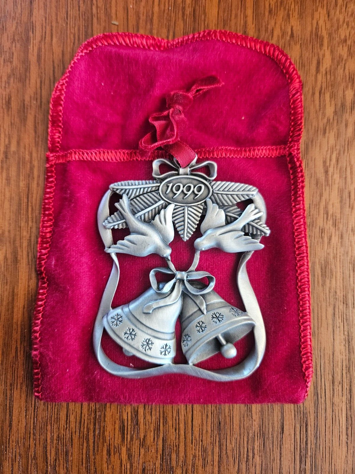 1999 Avon Season of Peace Pewter Christmas Ornament with Doves and Bells