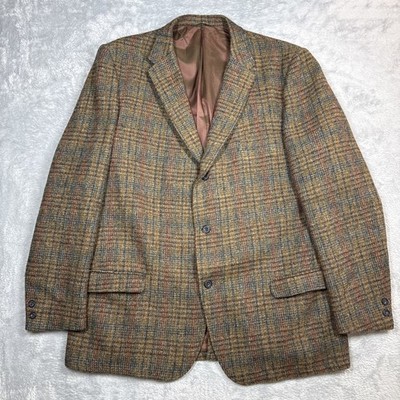 Vintage Harris Tweed Blazer Jacket Men 42L Long Brown Plaid 70s 80s