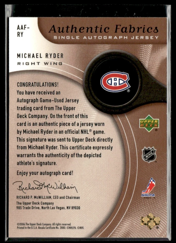 2005-06 SP Game Used Authentic Fabrics Auto Michael Ryder Auto 16/75 #AAF-RY - Image 2 of 2