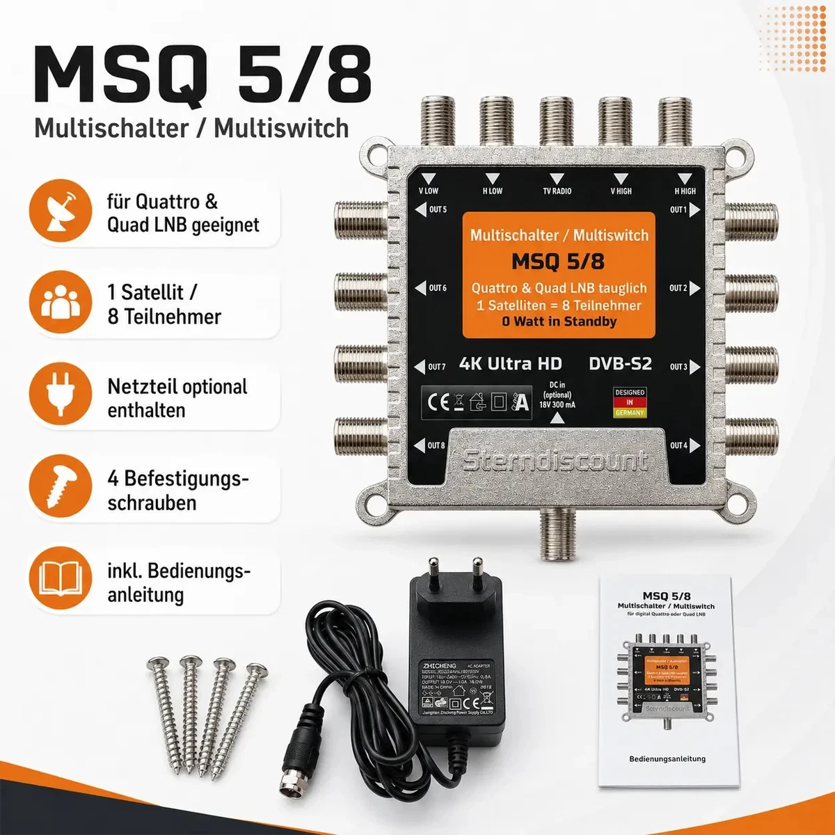 Interruptor múltiple satélite 5/8 para 8 participantes Quattro & Quad LNB adecuado HDTV 4K MSQ