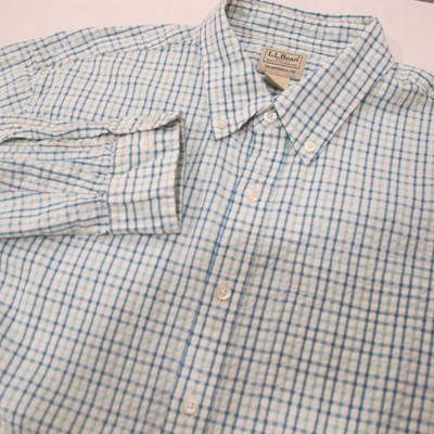 LL Bean Seersucker Shirt Mens Large Green Gingham Plaid 100% Cotton READ