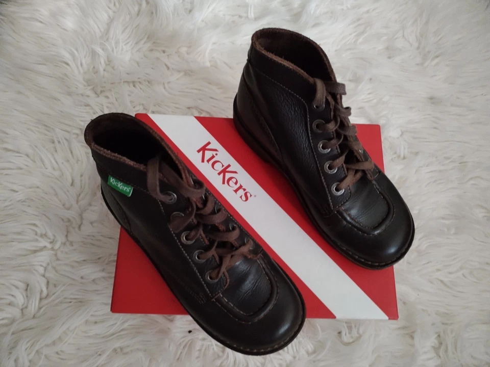 KICKERS  Bottines Boots Croûte de Cuir Marron foncé T 37 TBE - Photo 1/4