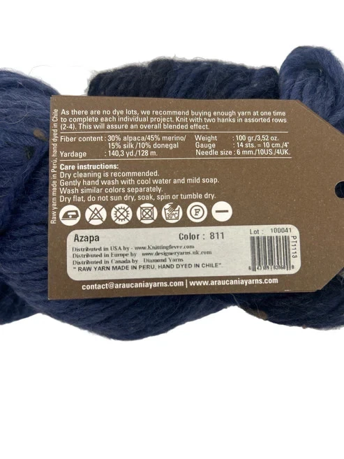 Hilos Araucania Azapa #811 Azul Tonal Voluminoso Hank Tweed Merino Alpaca Seda 140 yardas Foto 3 de 3