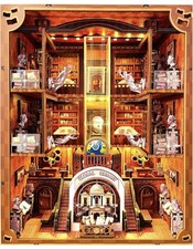3D DIY Book Nook Kit Wooden Puzzle Bookshelf Insert Global Library LED Lights