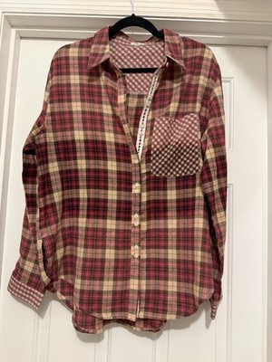 POL Plaid Patchwork Lace Trim M Red Pink Boho Grunge Cottagecore Soft Vintage