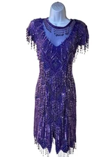 VTG LAWRENCE KAZAR Purple Beaded Sequin Fringe Dress 1920s Flapper Style L *Read