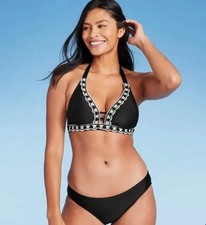 Kona Sol Women's 2 Pc Crochet Detail Bikini Swim Suit Top & Bottoms Black M NEW
