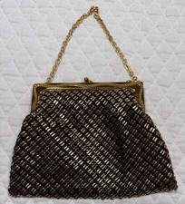 Whiting and Davis 1940's Gold Metal Mesh Evening Purse Ornate Frame Black/Gold