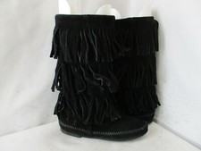 Minnetonka Black Suede Leather Triple Fringe Moccasin Boots Womens Sz 6 Sty 1639