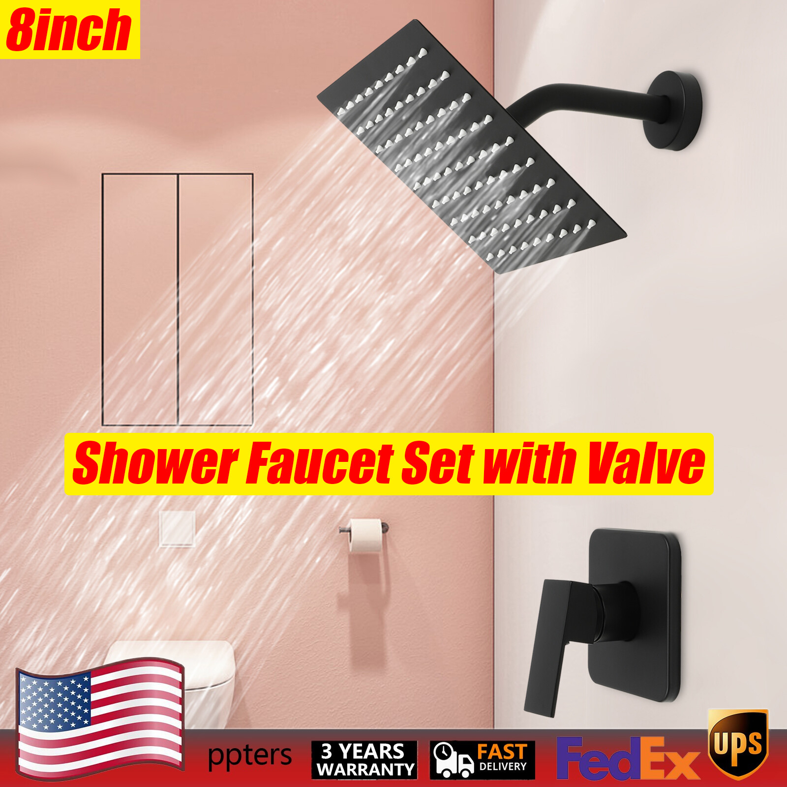8” Shower Faucet Set with Valve Bathroom Rain Shower Head Combo Wall Mount Black