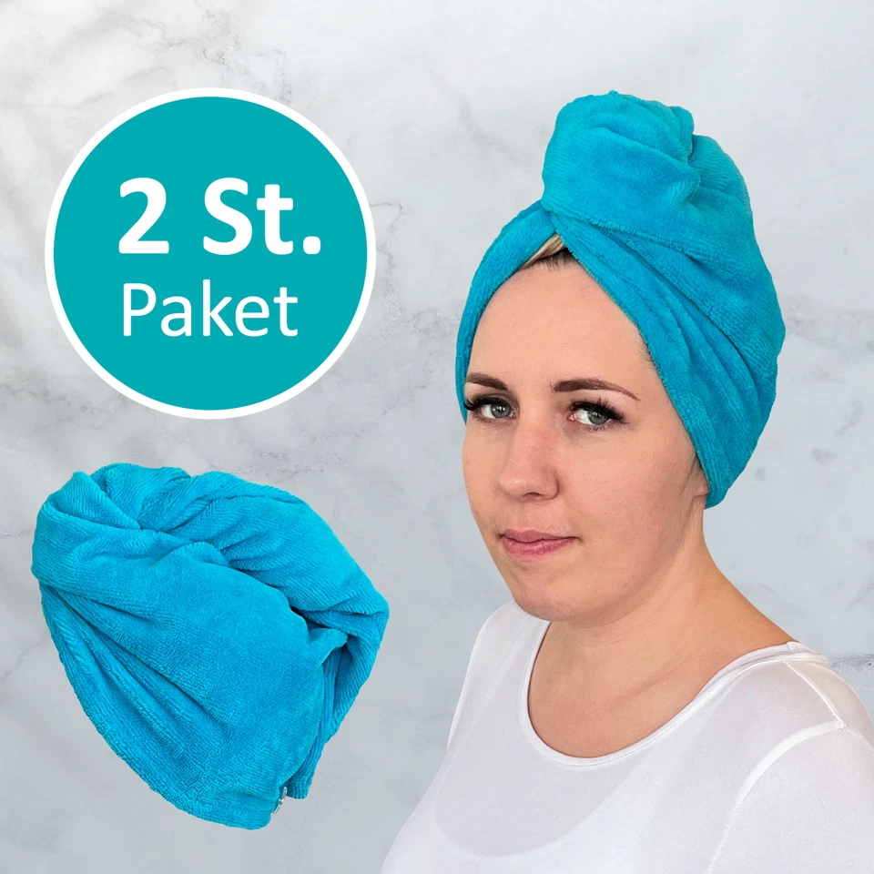 2x Haarturban Mikrofaser Baumwolle Mix mit Knopf Blau hohe Qualität TWIN STAR - Bild 1 von 1