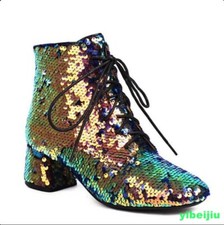 Bling Bling Sequins Ankle Boots Stage Performance Fashion Women's Lace Up Shoes