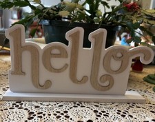 Hello Sign Shelf Sitter Office Desktop Dorm Decor Word Art Solid Wood 11.5 x 6