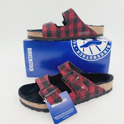 Birkenstock Arizona Rivet Shearling Wool Plaid Red Sandals  display picture 3
