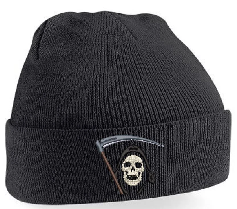 Grim Reaper Embroidered Adult Beanie Hat Glow in Dark Scull. Option to add text. - Image 2 of 4