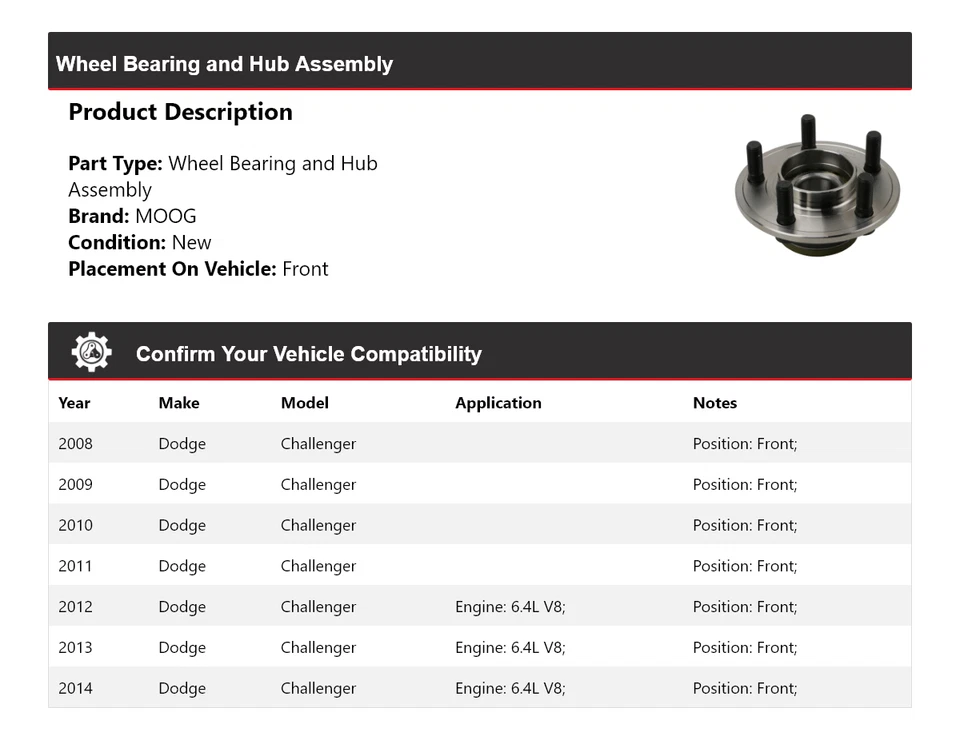 Conjunto de cojinete de rueda y buje delantero MOOG 2008-2014 para Dodge Challenger Foto 2 de 4