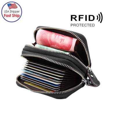 Leather Double Zipper Card Holder Wallet RFID Blocking Coin